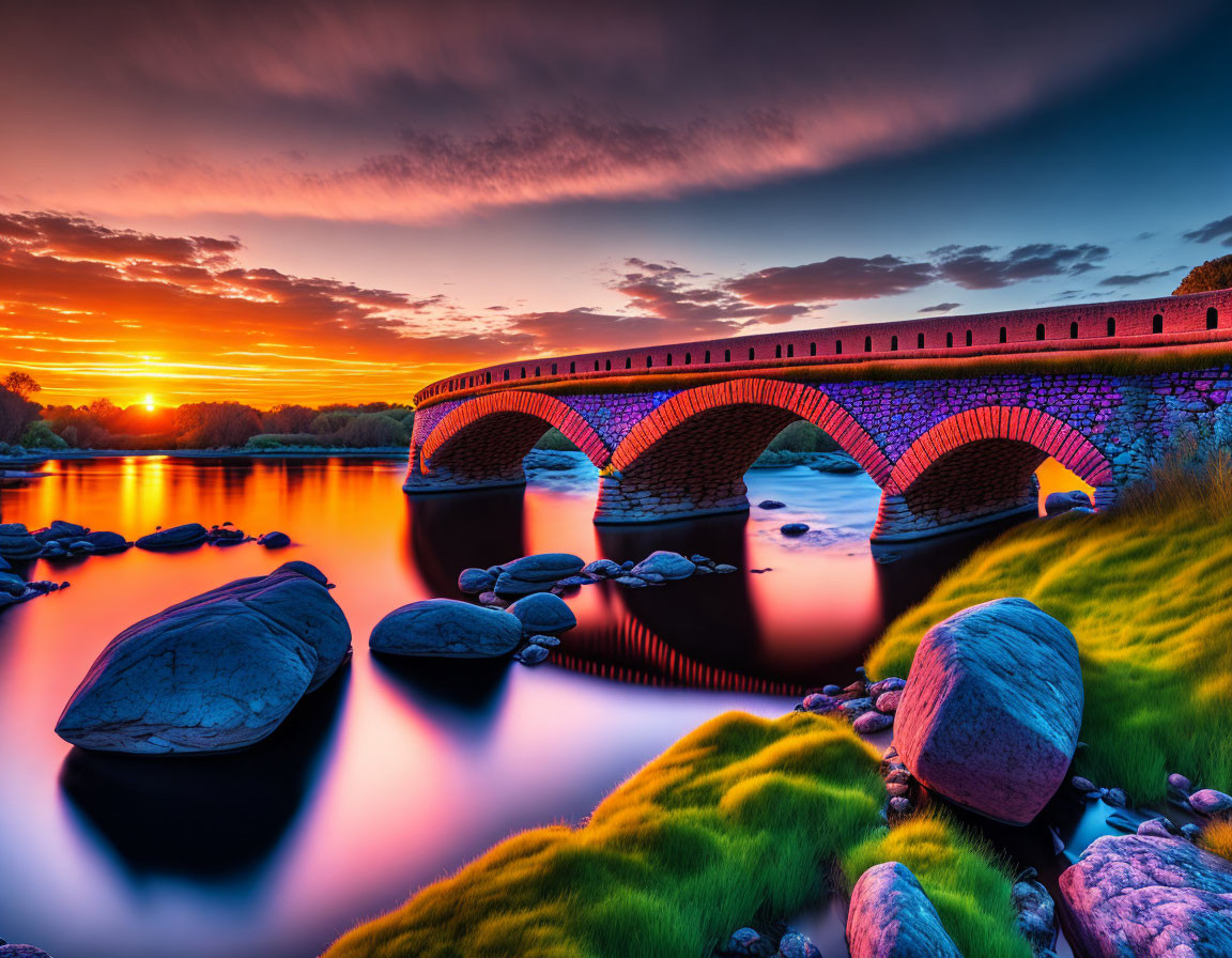 Colorful Sunset Behind Stone Bridge and River with Reflections