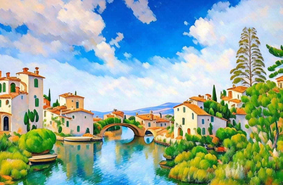 Vibrant painting of Mediterranean village with white houses, stone bridge, and lush green trees