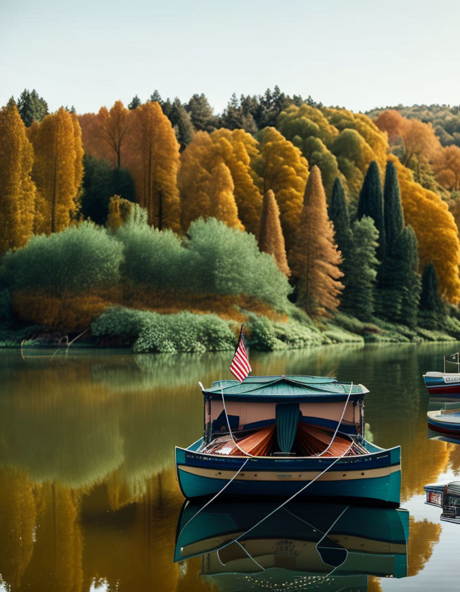 Scenic lake with American flag boat and autumn trees