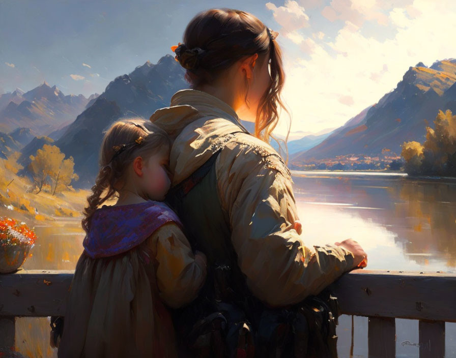 Woman and girl by serene lake with mountains and sunlight