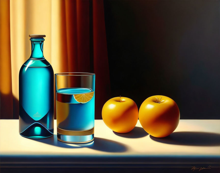 Classic Still Life Painting with Blue Bottle, Glass of Water, and Yellow Apples