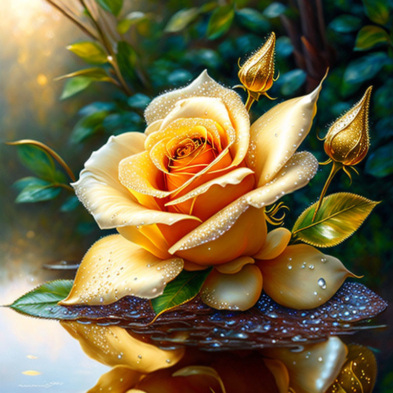 Yellow Rose with Dewdrops Surrounded by Golden Buds and Leaves