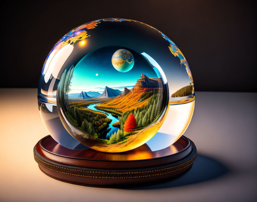 Colorful Crystal Ball with Landscape Scene on Wooden Stand