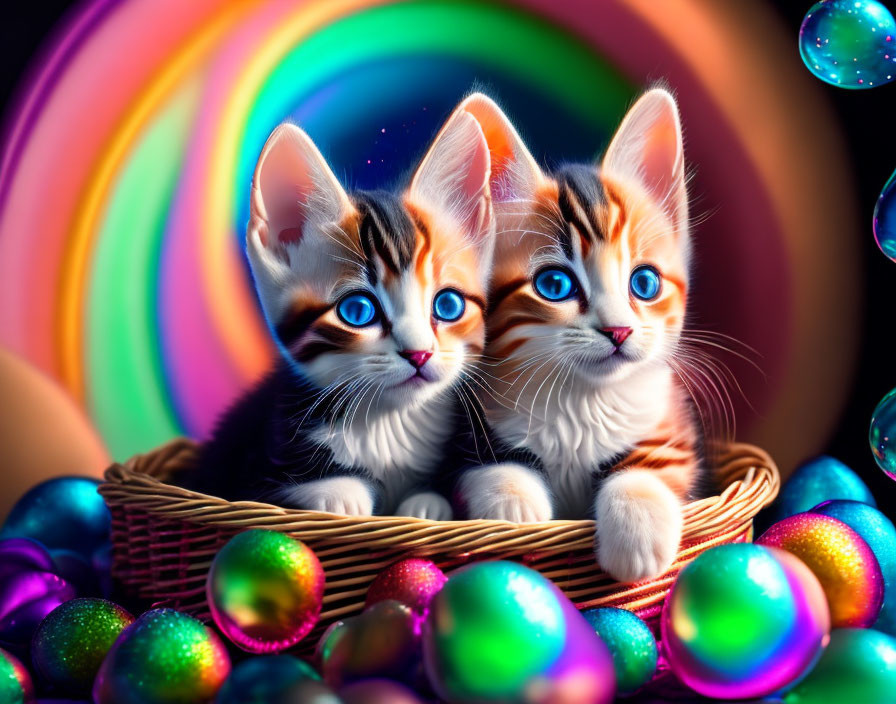 Adorable kittens with blue eyes in basket amid colorful bubbles on rainbow backdrop