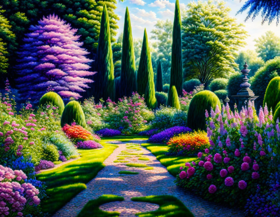 Colorful Flower Garden Path with Stone Urn under Sunlit Sky