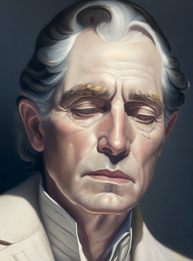 Realistic portrait of older man with grey hair and somber expression