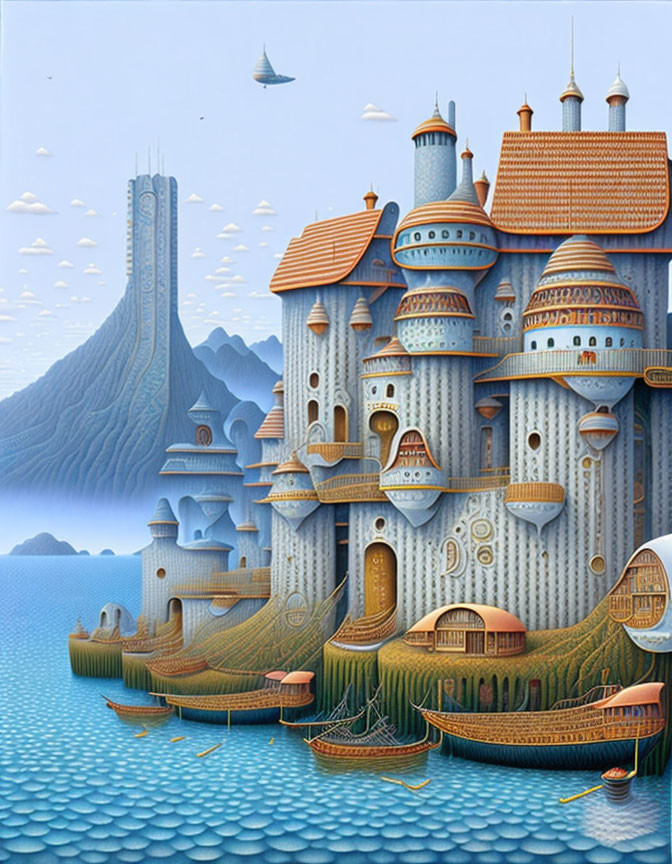 Detailed Illustration of Fantastical Castle by the Sea