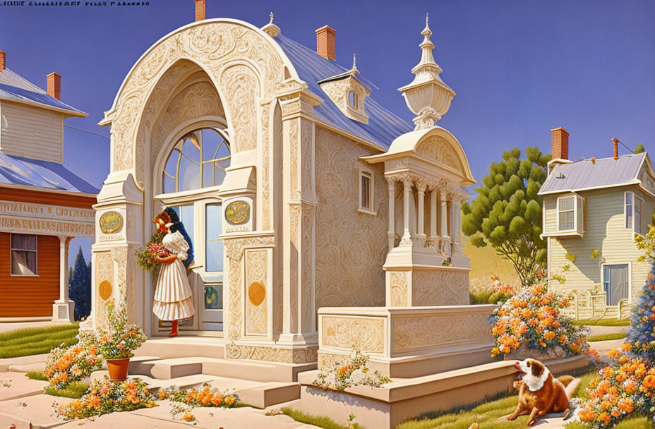 Colorful painting of a couple embracing on a vibrant house porch with a dog amidst flowers