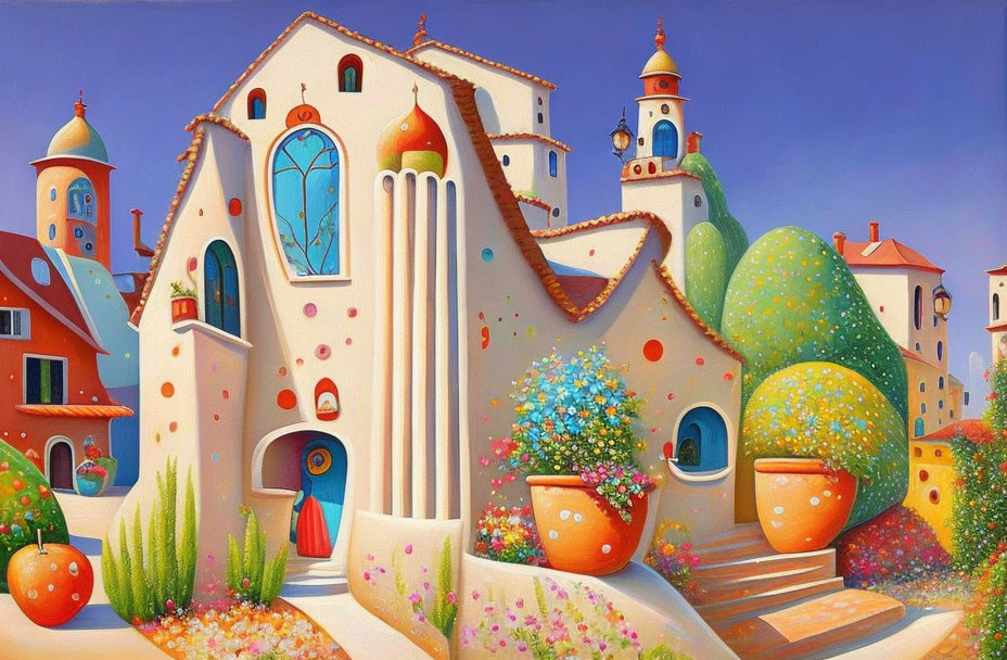 Colorful Fantasy Village Painting with Stylized Buildings and Flowering Plants