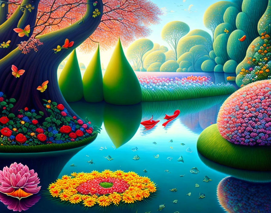 Fantastical landscape with lush trees, colorful flowers, serene river, red boat