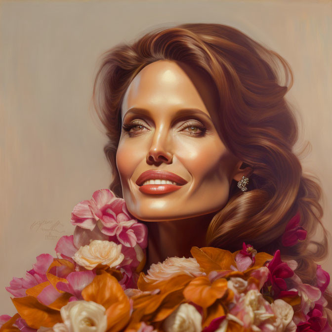 Smiling woman with flowing hair and floral adornments portrait