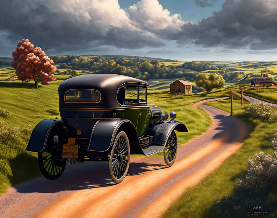 Vintage Car Parked on Countryside Road with Green Hills and Cloudy Sky