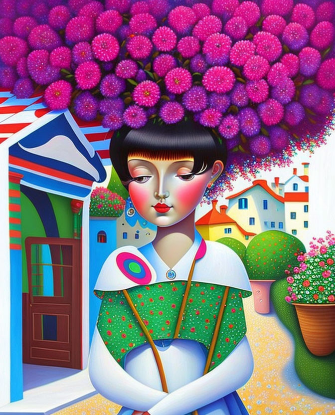 Colorful Village Scene with Woman and Purple Flower Bouquet Hair