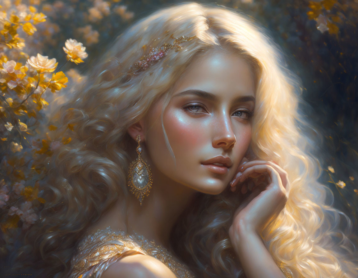 Serene woman with blonde hair and golden jewelry in floral setting