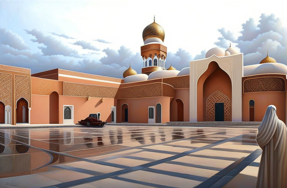 Illustration of grand mosque, classic car, person in traditional attire under vast sky