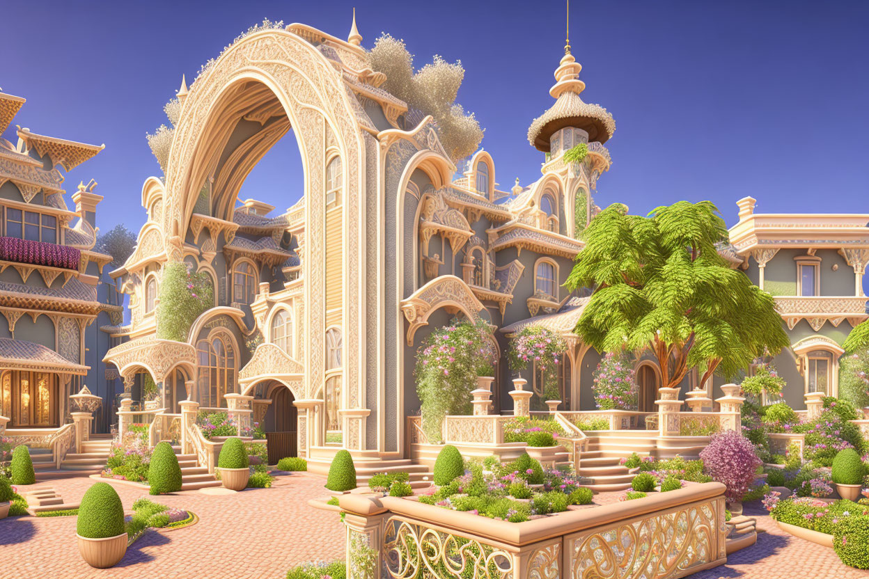 Fantastical palace with arches and spires in manicured gardens