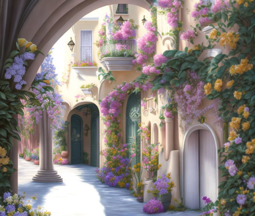 Charming street with archways and colorful flowers under sunlight