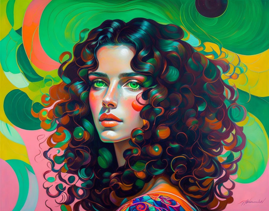 Colorful Portrait of Woman with Curly Hair and Green Eyes