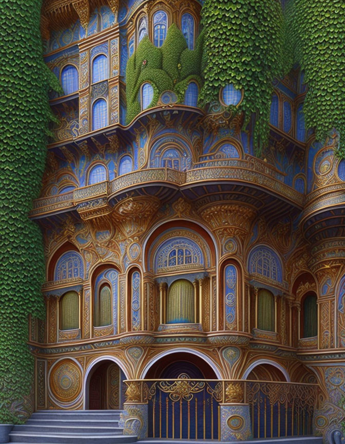 Ornate Fantasy Building with Blue and Gold Designs amid Ivy-Covered Surroundings