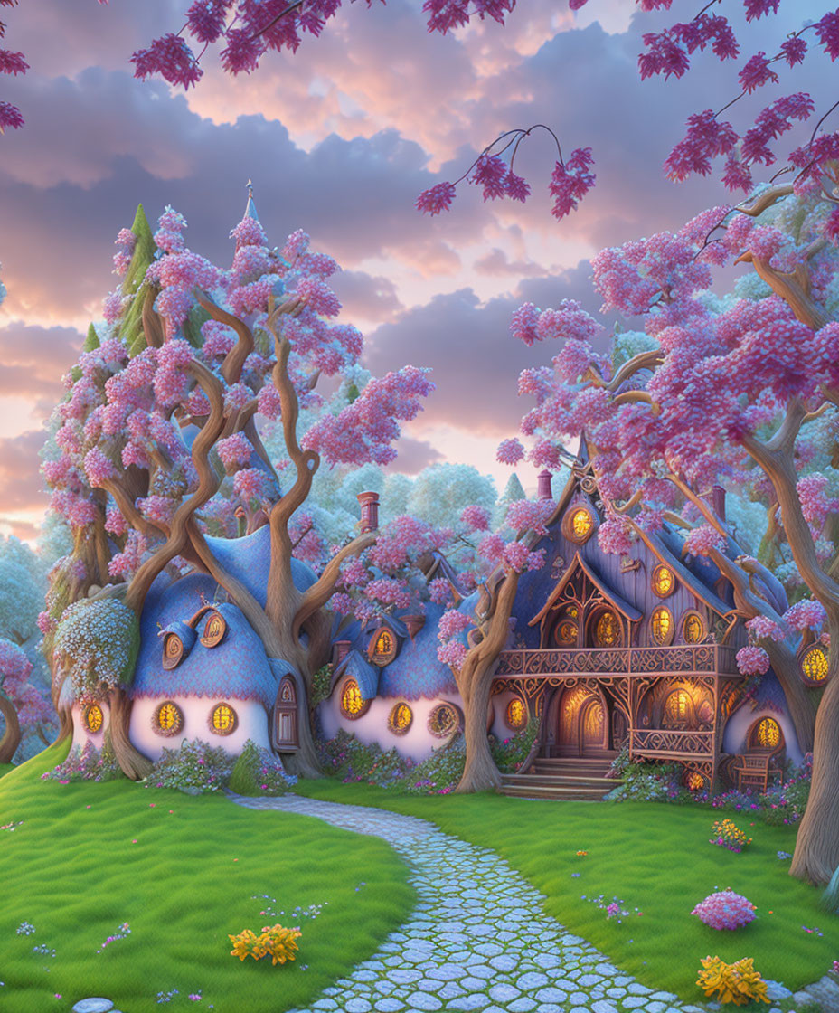 Enchanting fairytale village with glowing treehouses and pink-flowered trees
