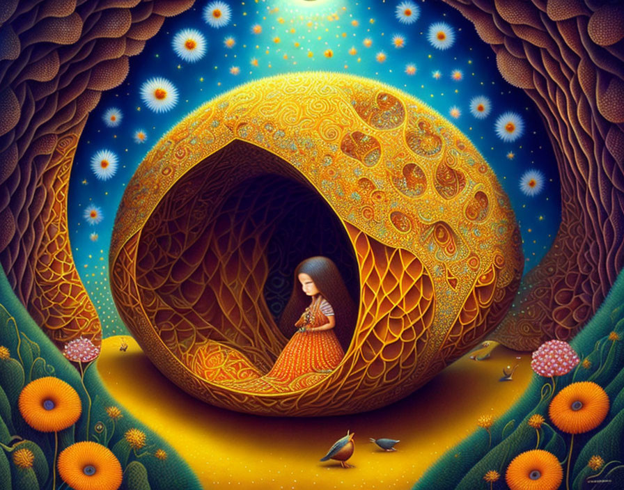 Girl in golden cosmic egg surrounded by stars, mushrooms, flowers, and birds