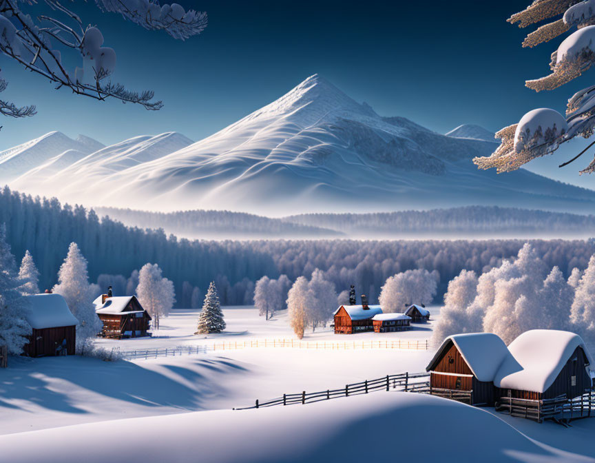 Snow-covered cabins and trees in serene winter scene with mountains and blue sky