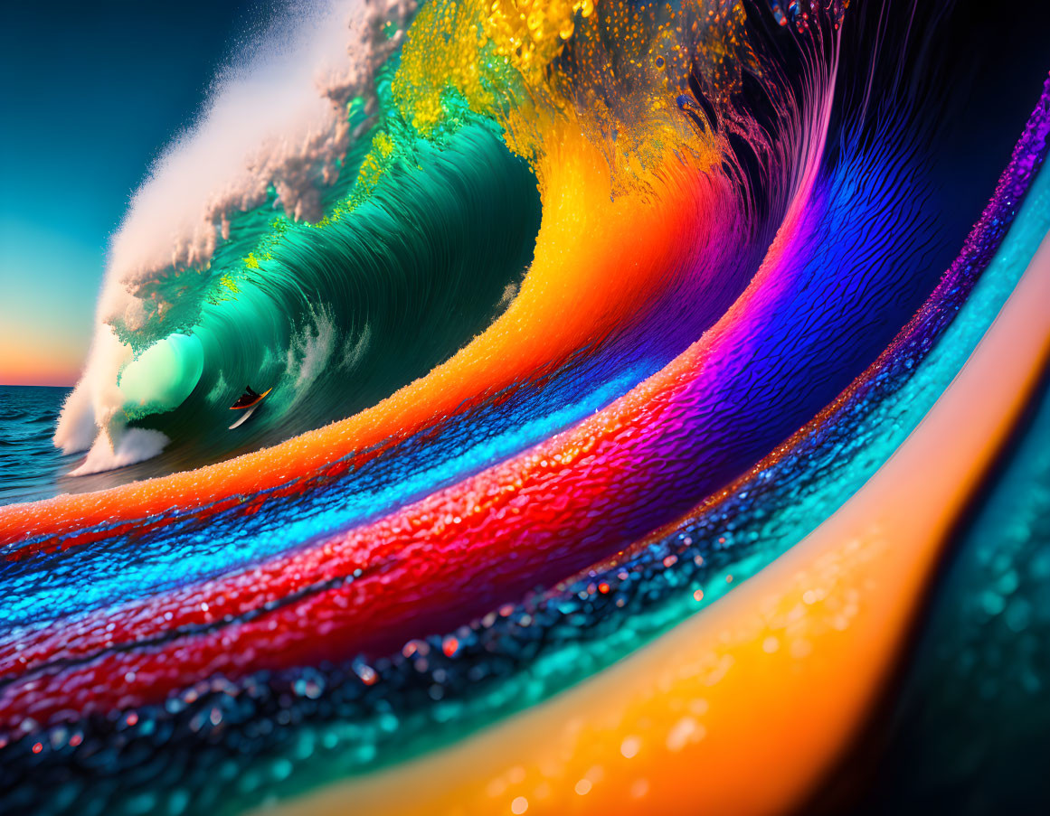 Colorful Rainbow Wave with Turquoise Core Against Blue Sky