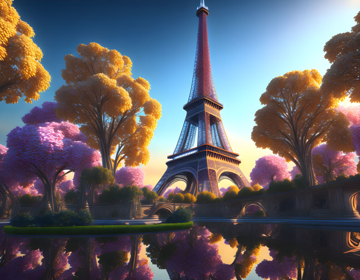 Colorful Autumn Eiffel Tower Reflection at Sunset