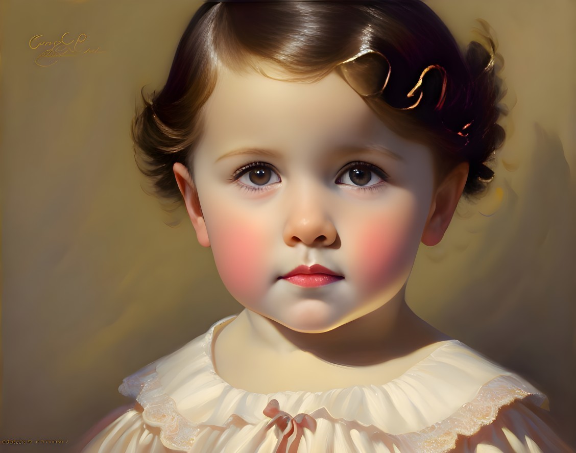 Young child portrait with expressive eyes, rosy cheeks, and curly hair in cream dress