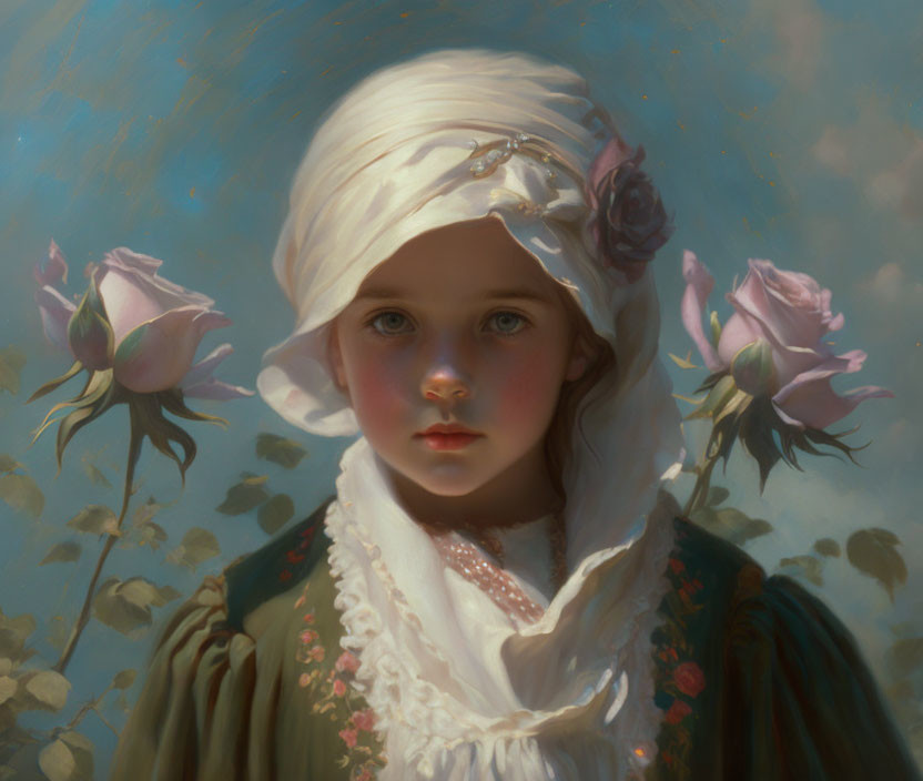 Portrait of young girl with blue eyes in white headscarf and rose, surrounded by blooming roses