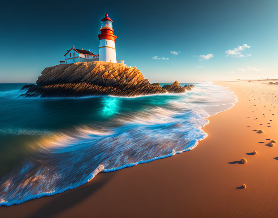 Scenic lighthouse on rocky outcrop with crashing waves