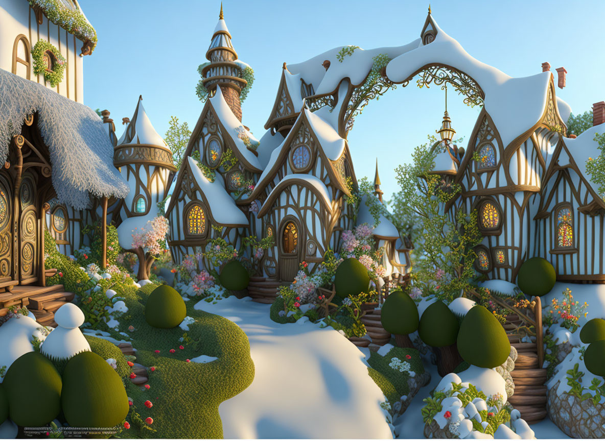 Whimsical Tudor-style village with snowy rooftops