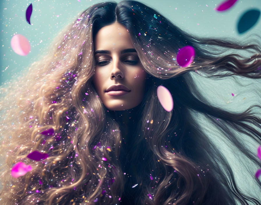 Woman with Long Flowing Hair Surrounded by Glowing Particles and Purple Petals on Teal