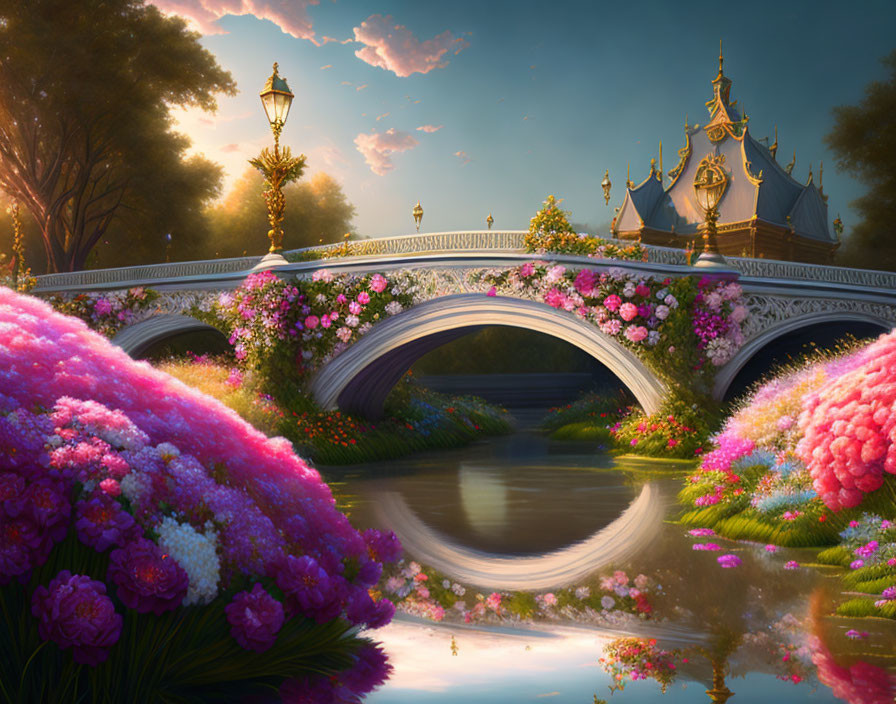 Ornate flower-adorned bridge over serene river with lush blooms and lanterns under soft sunset