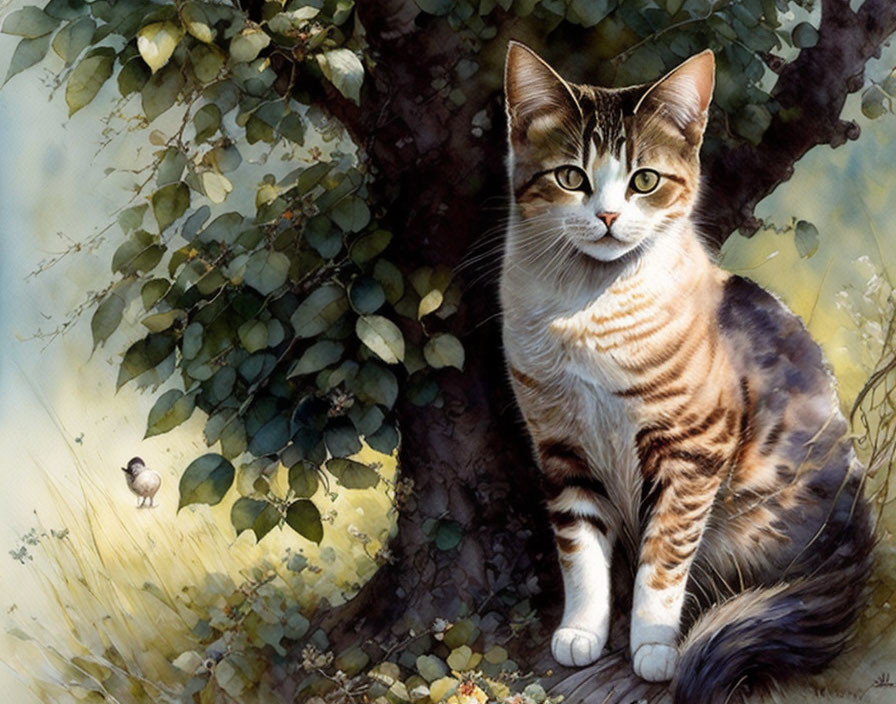 Tabby Cat with Green Eyes Sitting Under Tree, Bird in Background