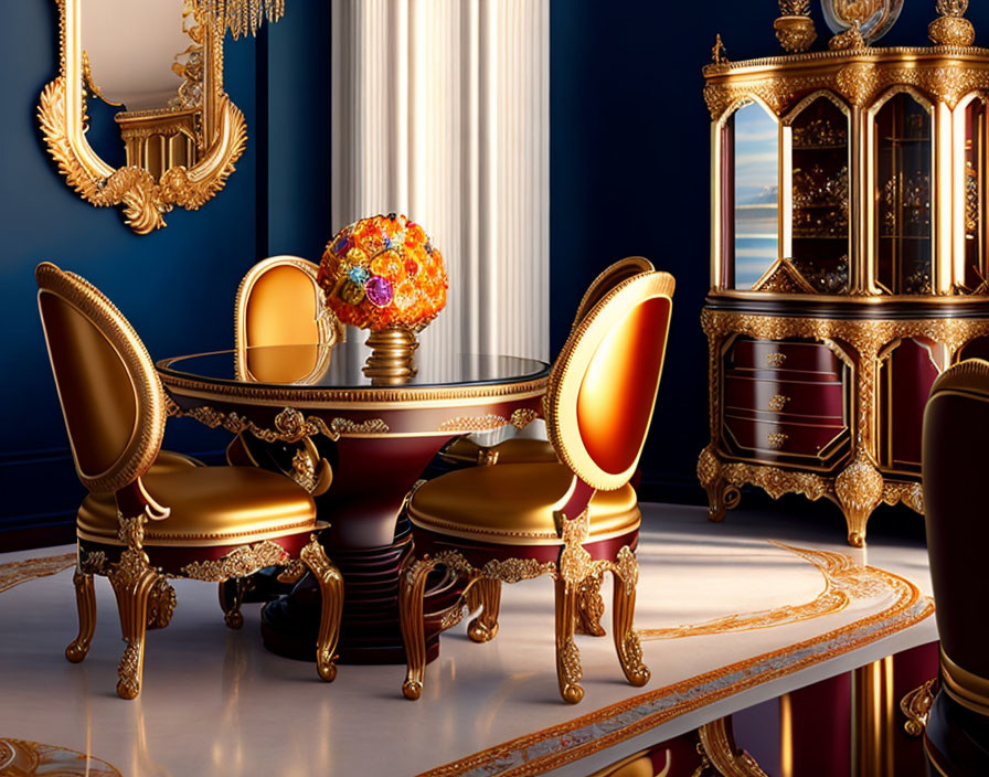 Luxurious classic royal interior with golden chairs, ornate mirror, decorative egg, drapery,