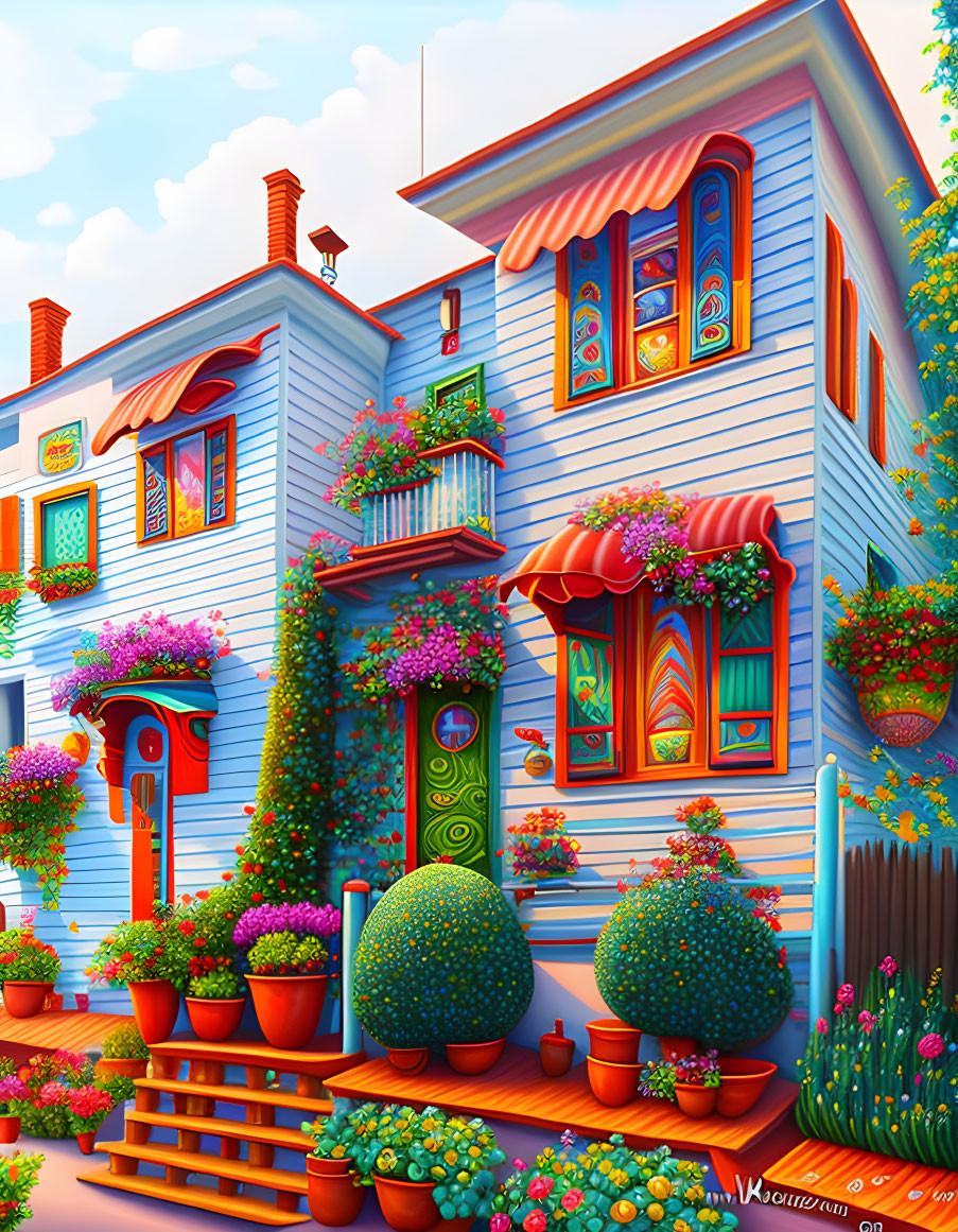 Colorful illustration: Whimsical blue two-story house with floral decorations.