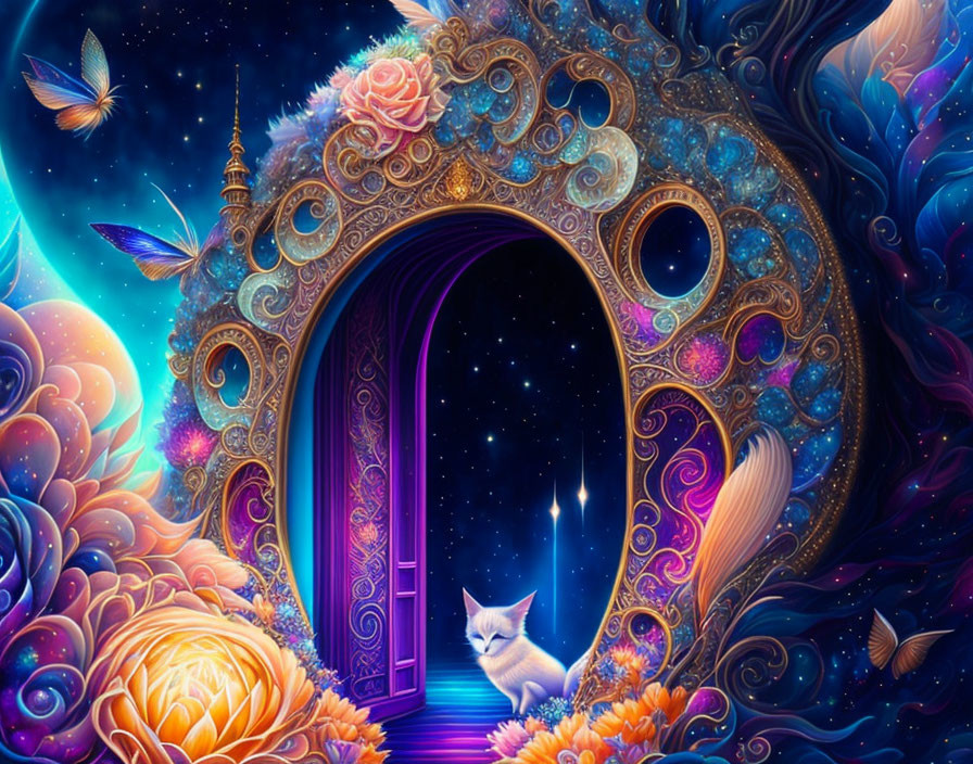 Vibrant archway with white cat, butterflies, and starry sky