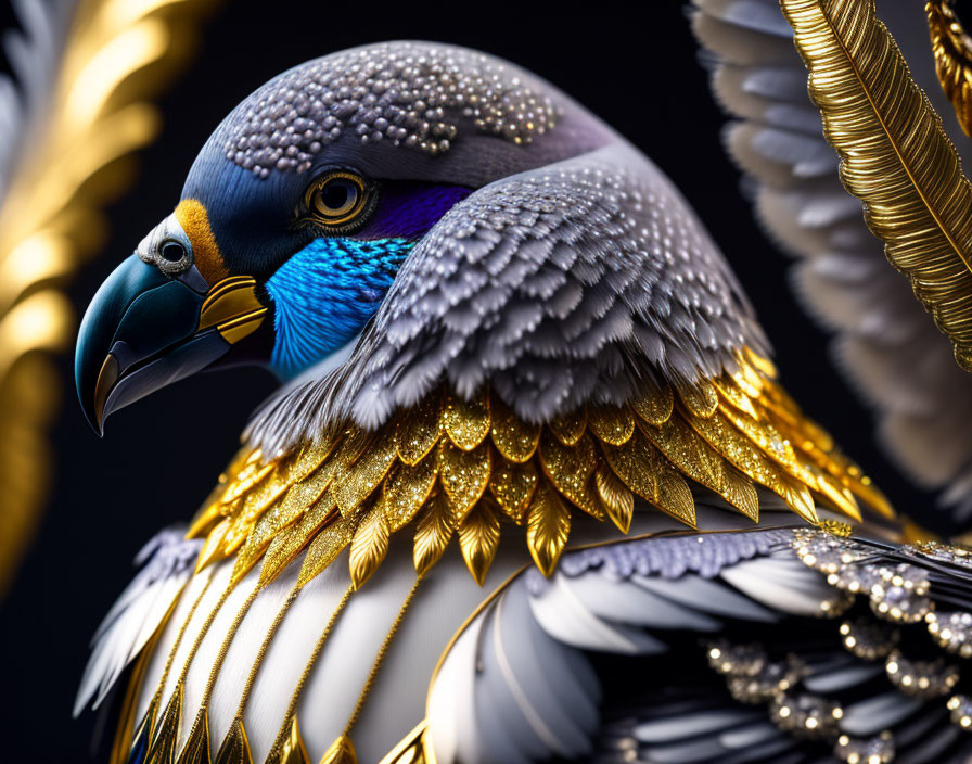 Digitally Enhanced Bird with Blue, Purple, and Gold Feathers