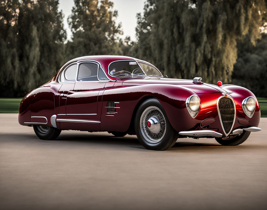 Classic Burgundy Luxury Car with Prominent Front Grille and Trees in Background