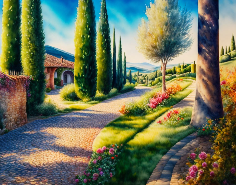 Sunlit cobblestone path with cypress trees and blooming flowers near a villa