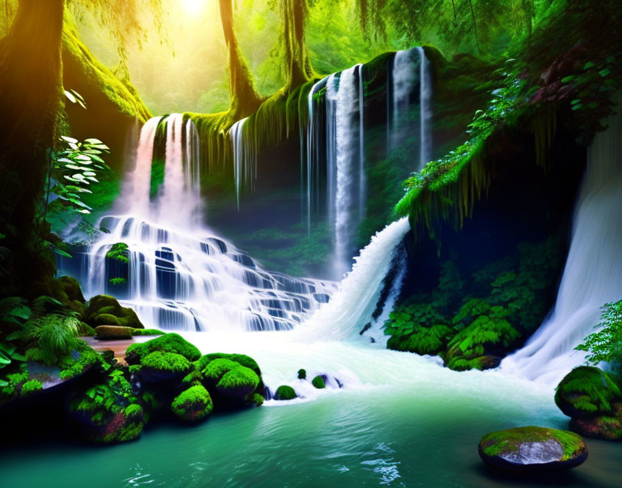 Lush, multi-tiered waterfall in vibrant landscape