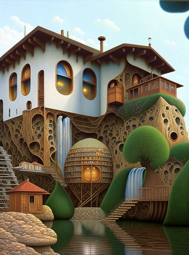 Illustration of Whimsical Treehouse with Waterfalls and Round Windows