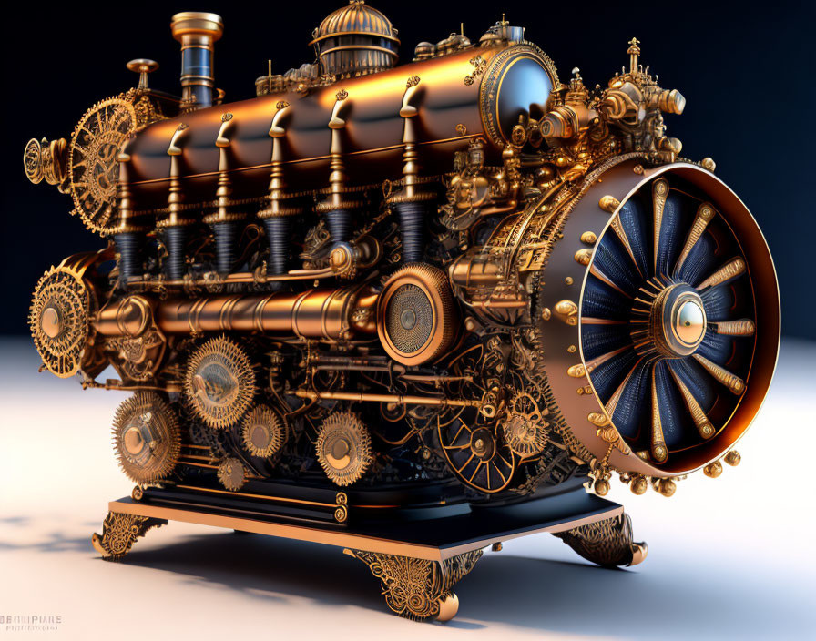 Detailed Steampunk Machine with Brass Gears and Turbine