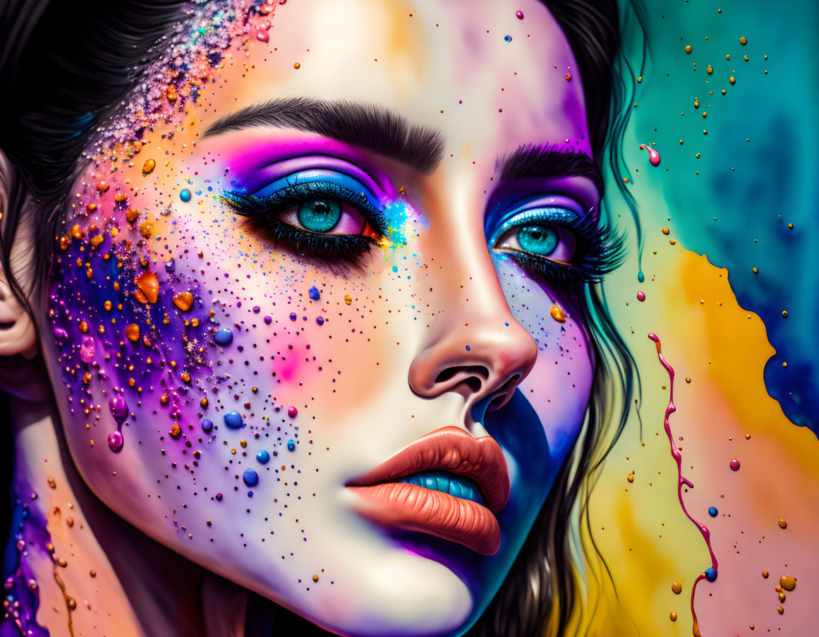 Colorful makeup and intense blue eyes in portrait with splashes of paint