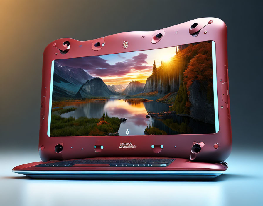 Red Laptop with Transparent Display Showing Mountain Lake Sunset