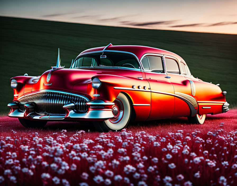 Vintage red and yellow Buick car in field of red and white flowers at sunset