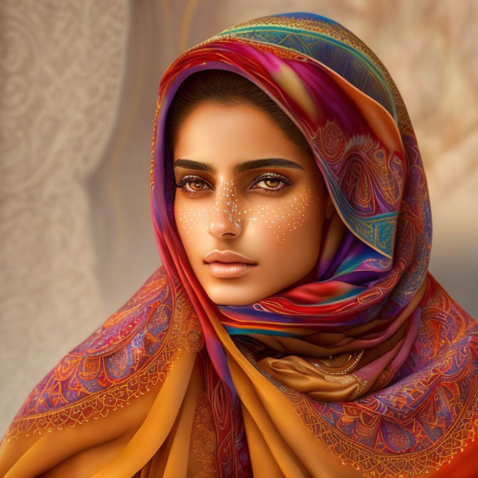 Digital portrait of woman with striking green eyes and colorful headscarf.