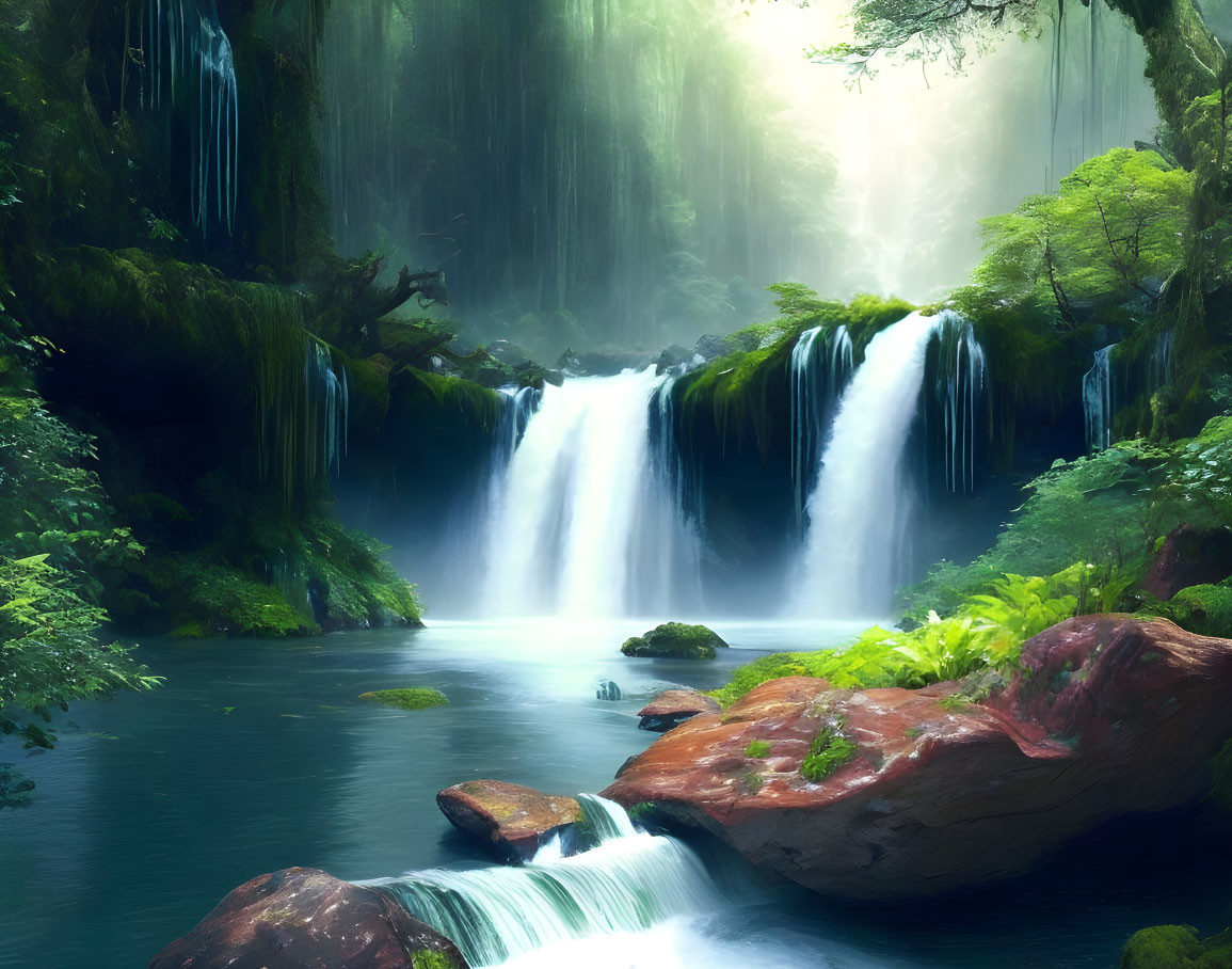 Majestic forest waterfall with sunlight and mist.