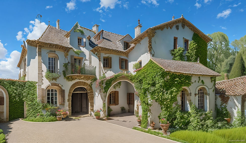 White Façade House with Terracotta Roof, Ivy, Arched Doorways, and P